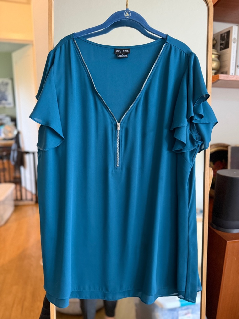 City Chic Teal Zip V-Neck Ruffle Sleeve Blouse